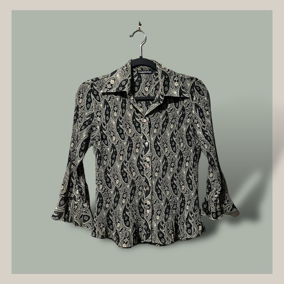 Essentials by Milano Black & Green Tones Leaf/Floral Print l/s Top sz S - Picture 6 of 15